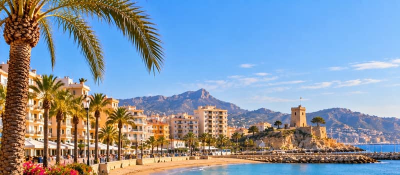 Palm trees and pale apartment blocks along a sandy beach, with a square stone tower on a rocky headland and mountains behind